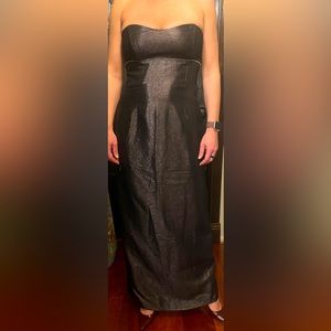 Long strapless evening dress.